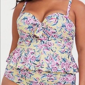 Yellow Flamingo Floral Tie Front Swim Tankini